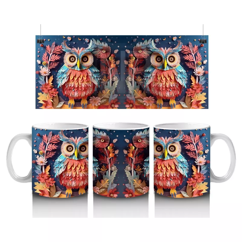 Renkli Çiçekler Arasında İkiz Baykuşlar – Baskılı Kahve Kupası