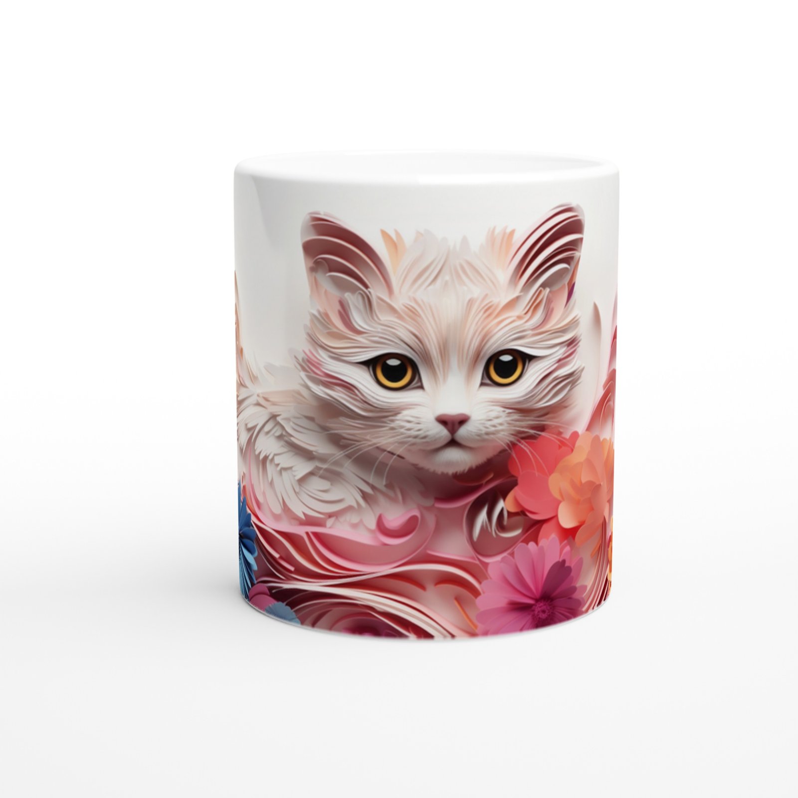Renkli Çiçekler Arasında Meraklı Kedi Temalı Baskılı Kupa Bardak