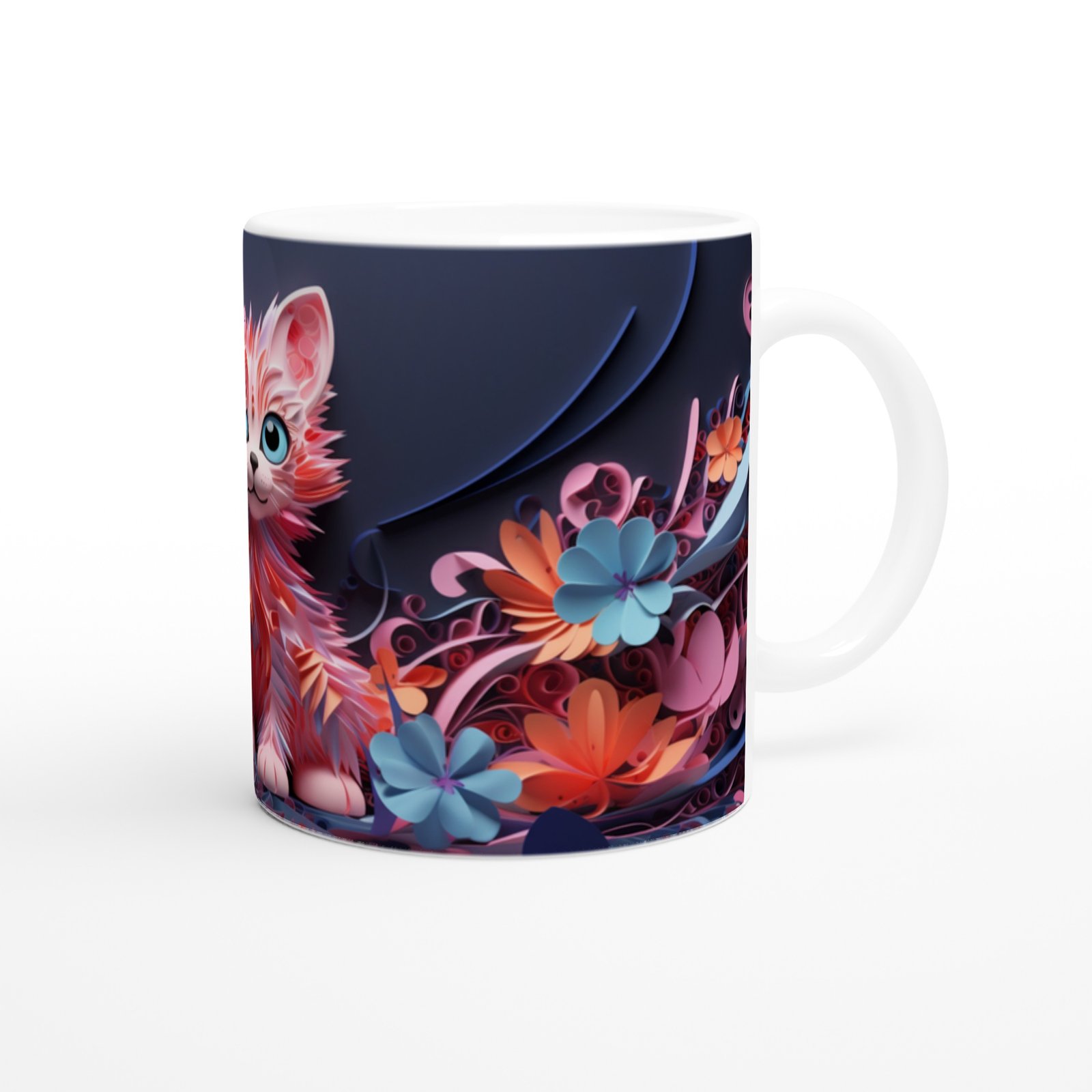 Renkli Çiçekler Arasında Neşeli Kedi ve Kelebekler Baskılı Kupa Bardak - 3