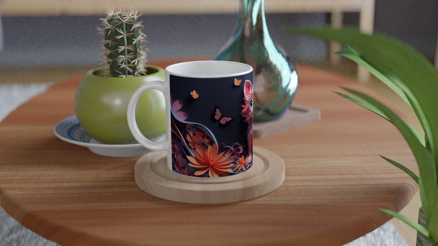 Renkli Çiçekler Arasında Neşeli Kedi ve Kelebekler Baskılı Kupa Bardak - 4