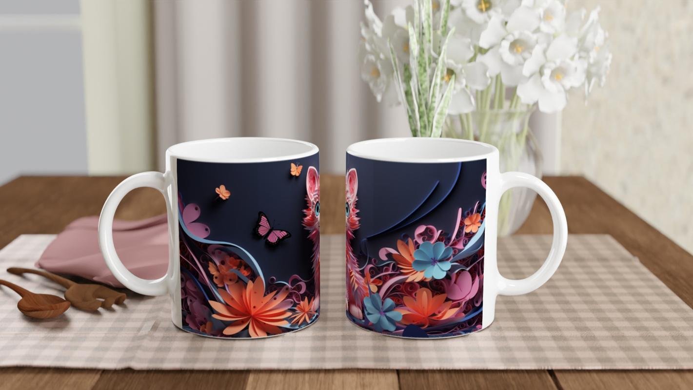 Renkli Çiçekler Arasında Neşeli Kedi ve Kelebekler Baskılı Kupa Bardak - 5