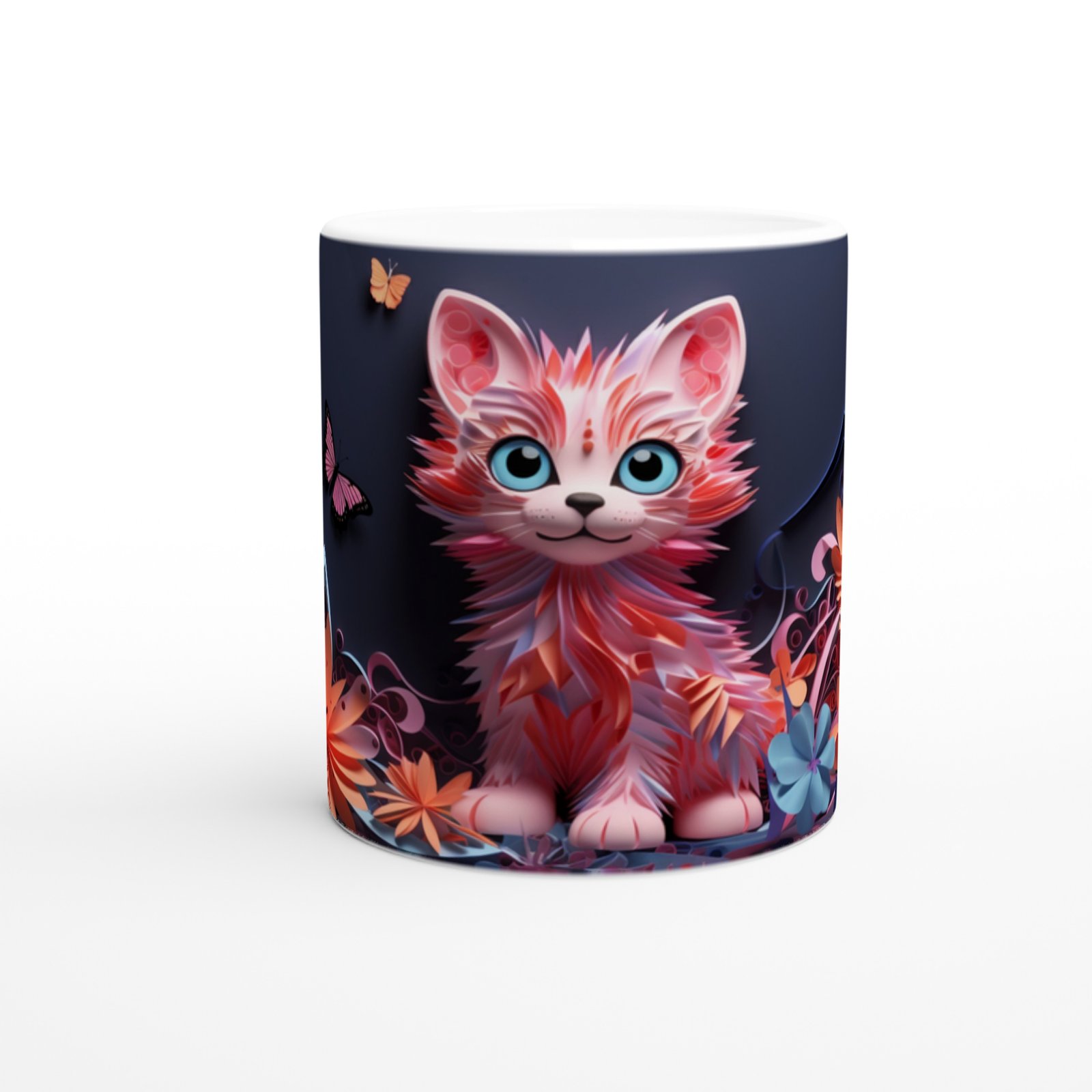 Renkli Çiçekler Arasında Neşeli Kedi ve Kelebekler Baskılı Kupa Bardak