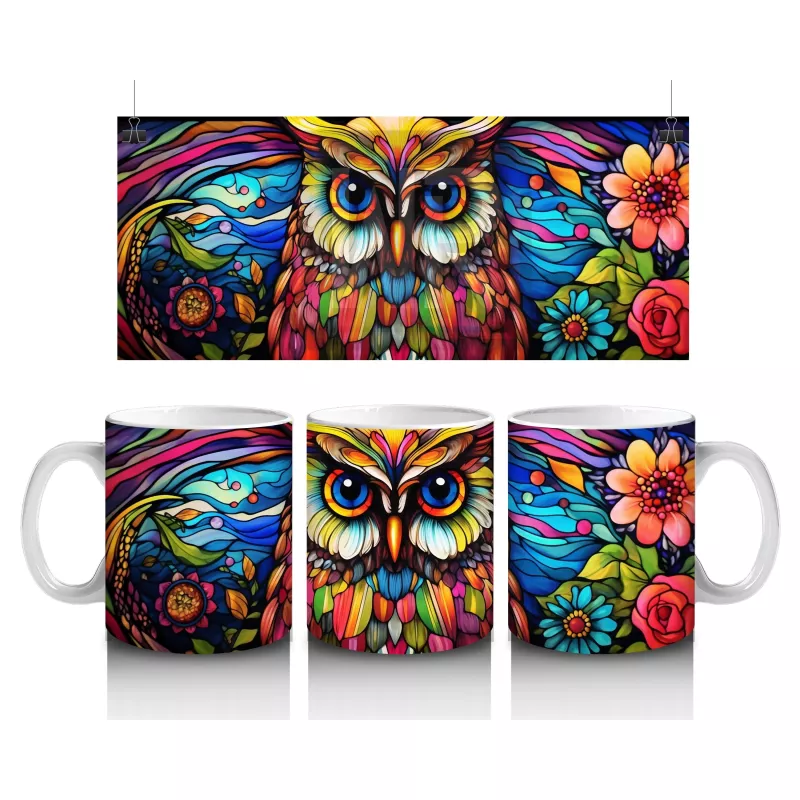 Renkli Çiçekler Arasında Parlayan Baykuş – Baskılı Kahve Kupası