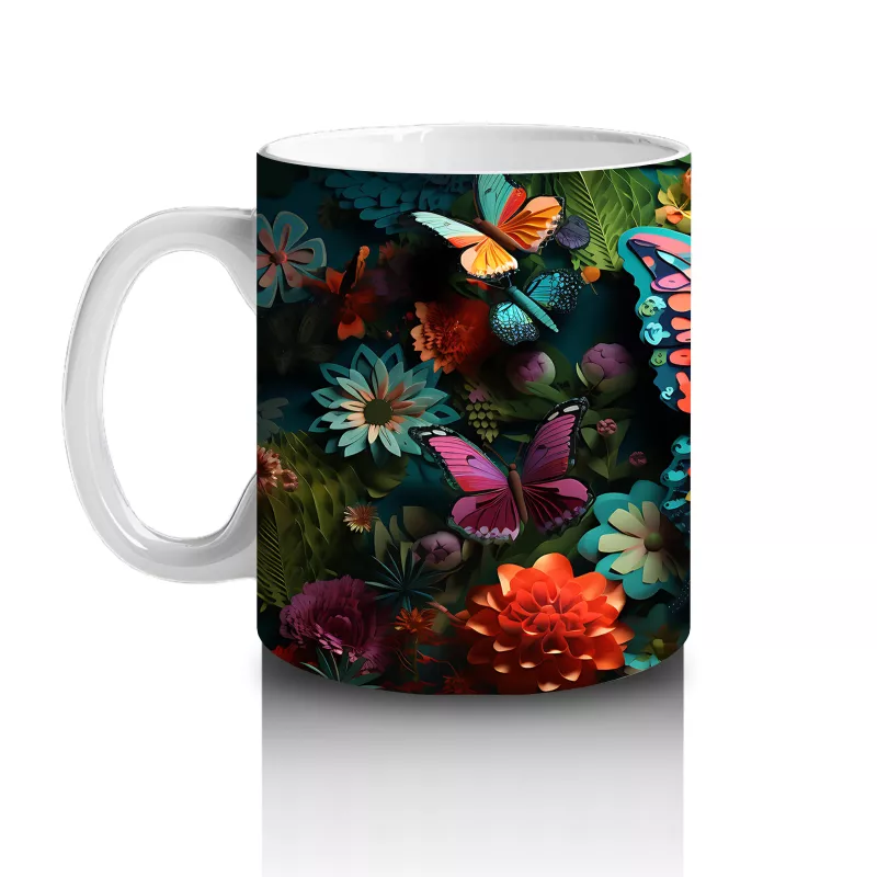 Renkli Çiçekler Arasında Parlayan Turuncu Kelebek – Baskılı Kahve Kupası - 2