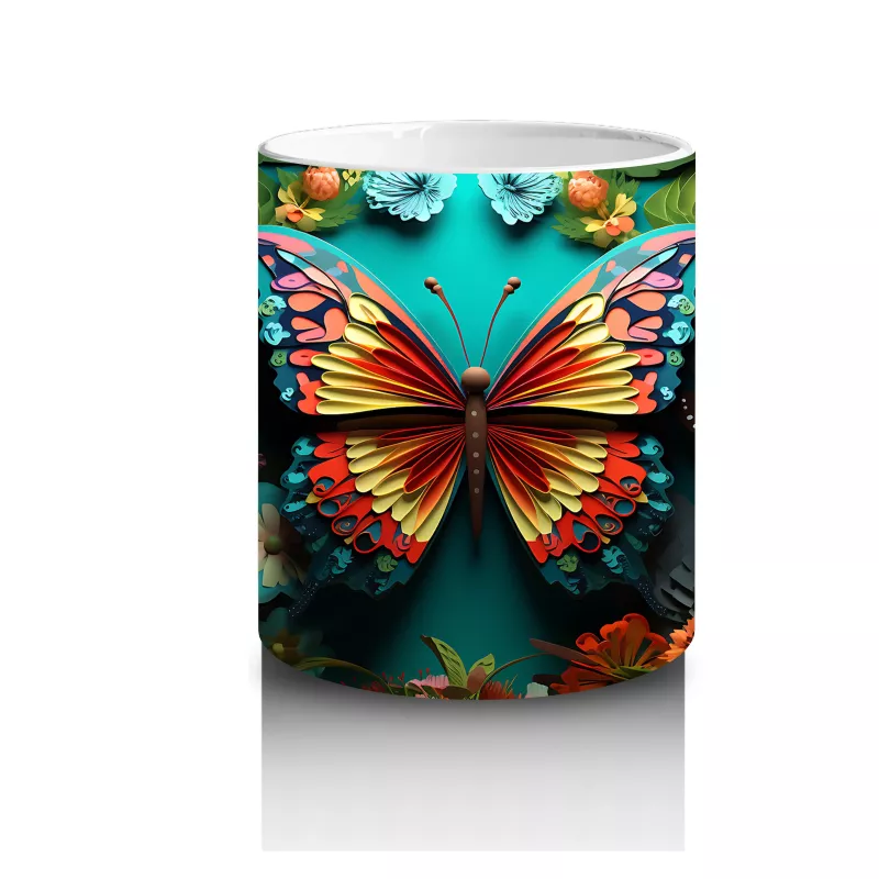 Renkli Çiçekler Arasında Parlayan Turuncu Kelebek – Baskılı Kahve Kupası - 3