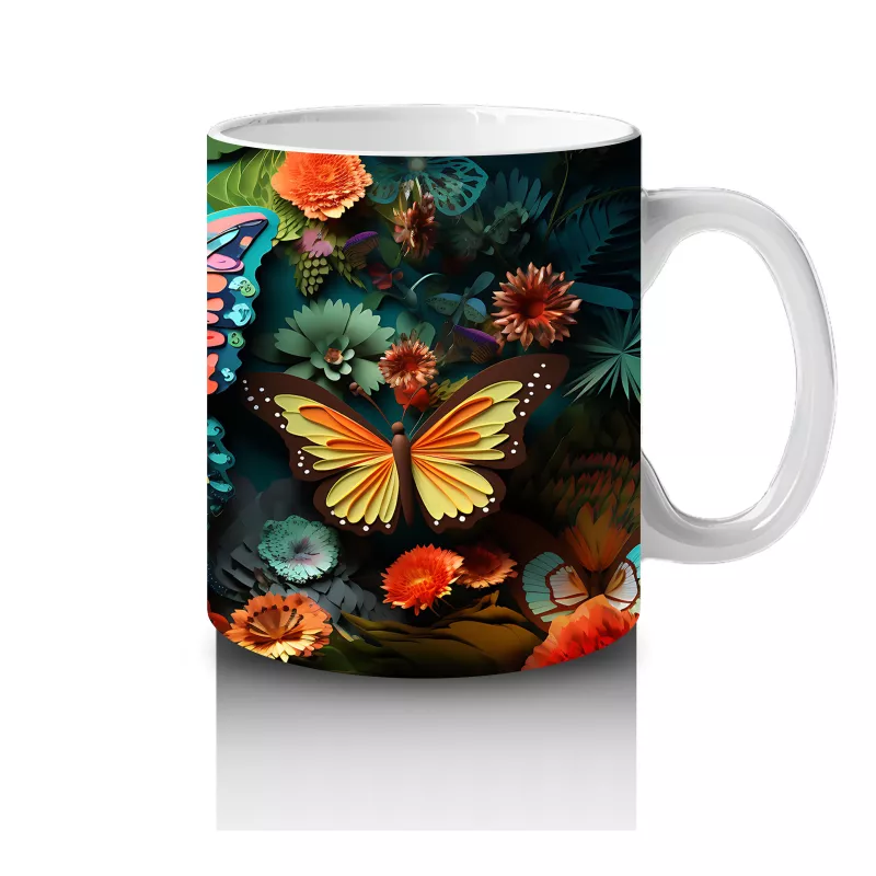 Renkli Çiçekler Arasında Parlayan Turuncu Kelebek – Baskılı Kahve Kupası - 4