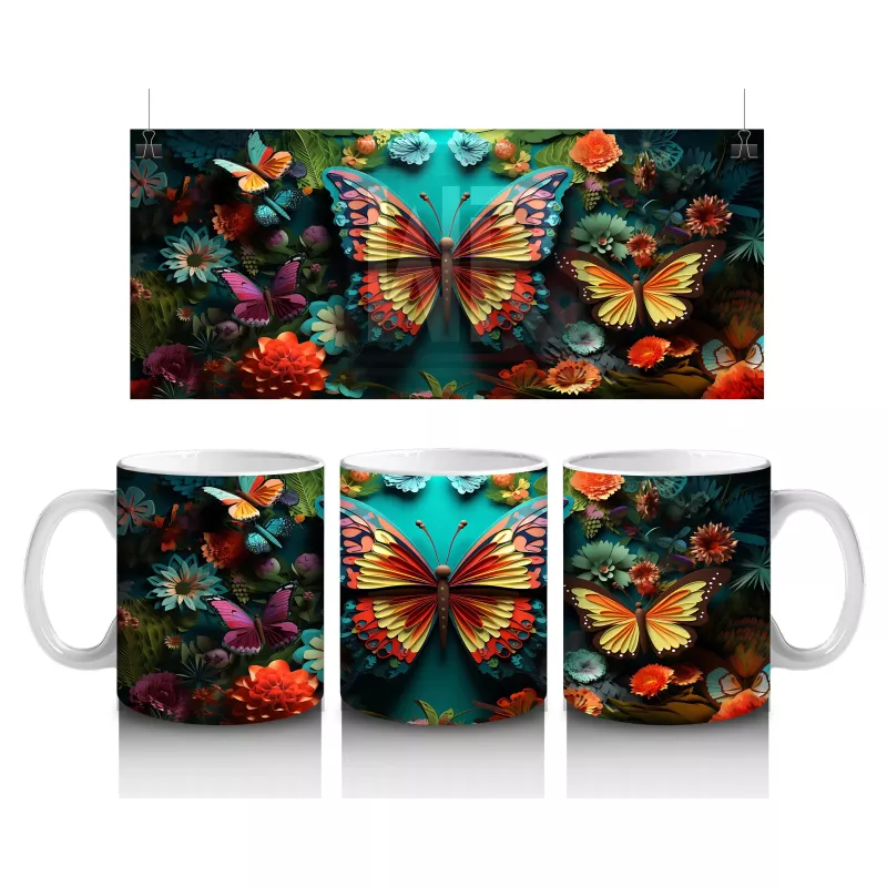 Renkli Çiçekler Arasında Parlayan Turuncu Kelebek – Baskılı Kahve Kupası