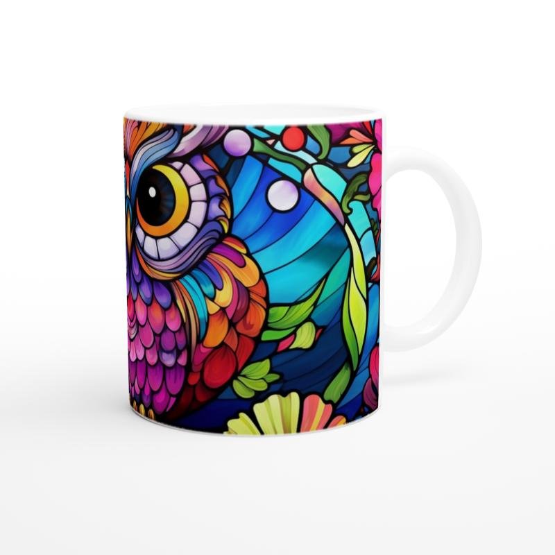 Renkli Çiçekler Arasında Vitray Baykuş Baskılı Kupa Bardak - 2