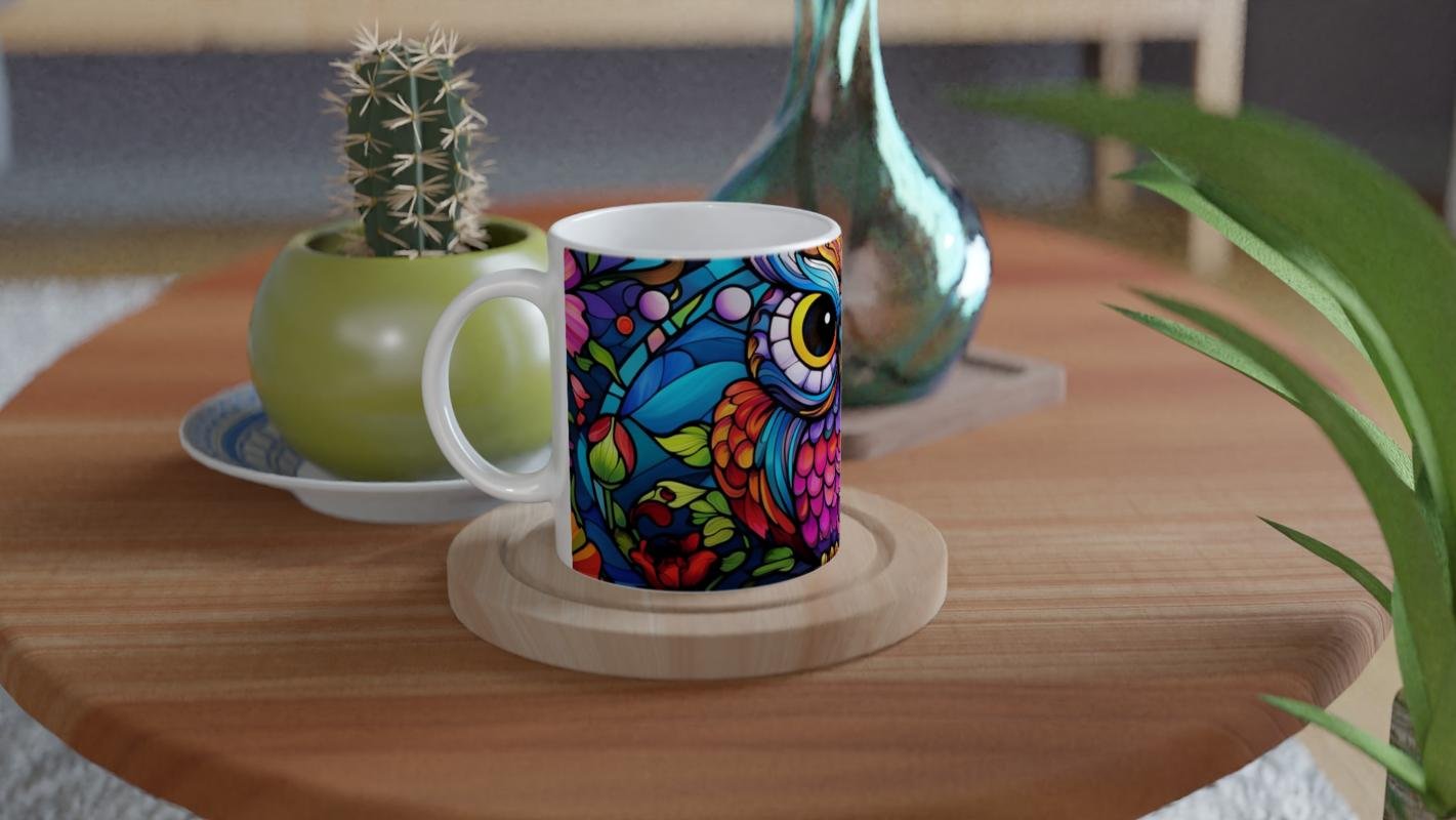 Renkli Çiçekler Arasında Vitray Baykuş Baskılı Kupa Bardak - 3