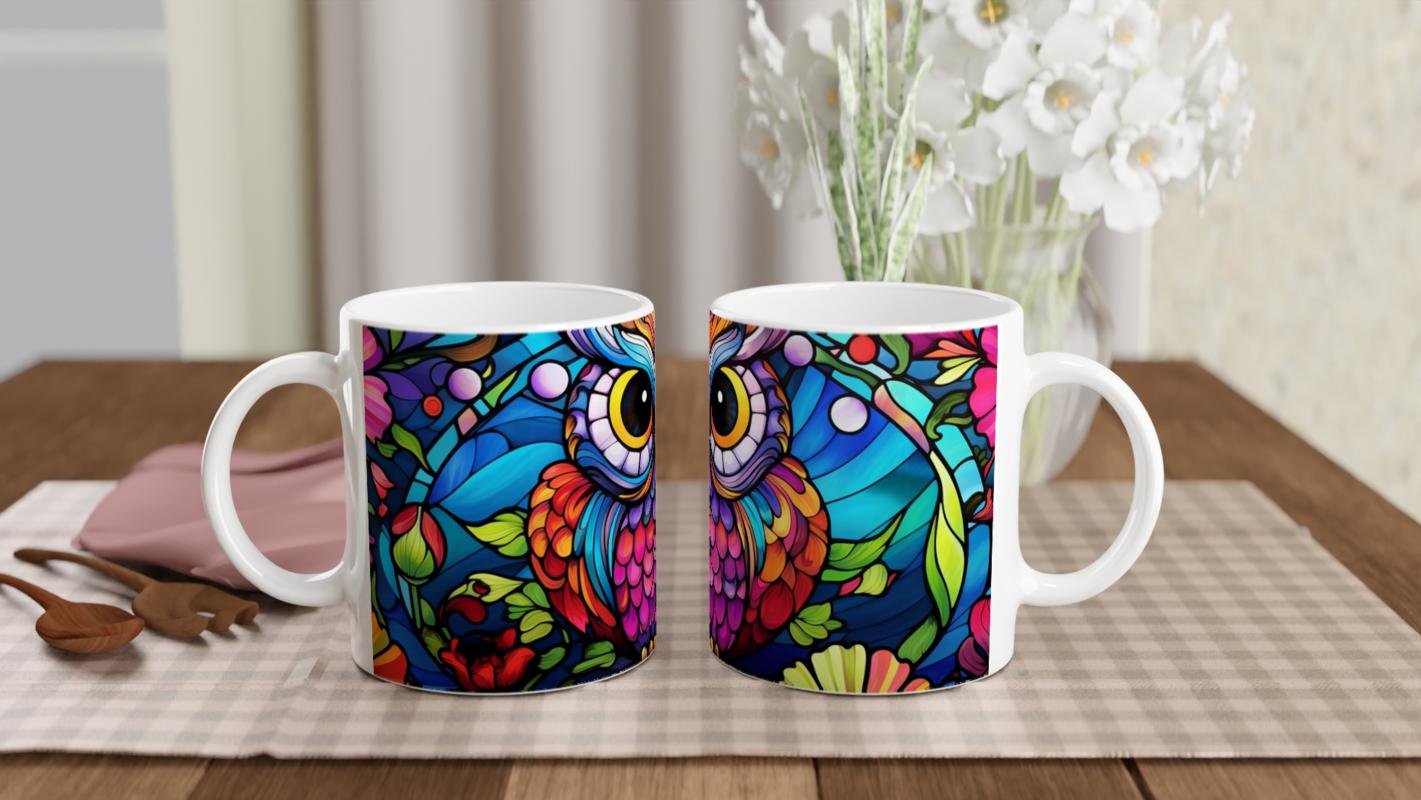 Renkli Çiçekler Arasında Vitray Baykuş Baskılı Kupa Bardak - 4