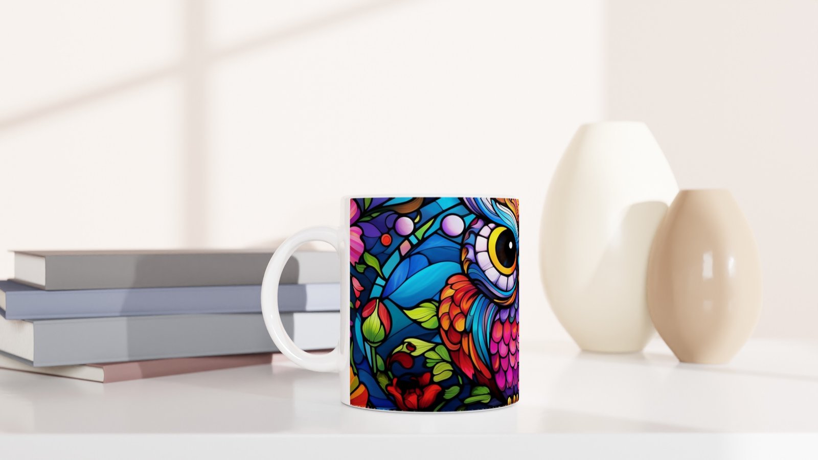 Renkli Çiçekler Arasında Vitray Baykuş Baskılı Kupa Bardak - 5