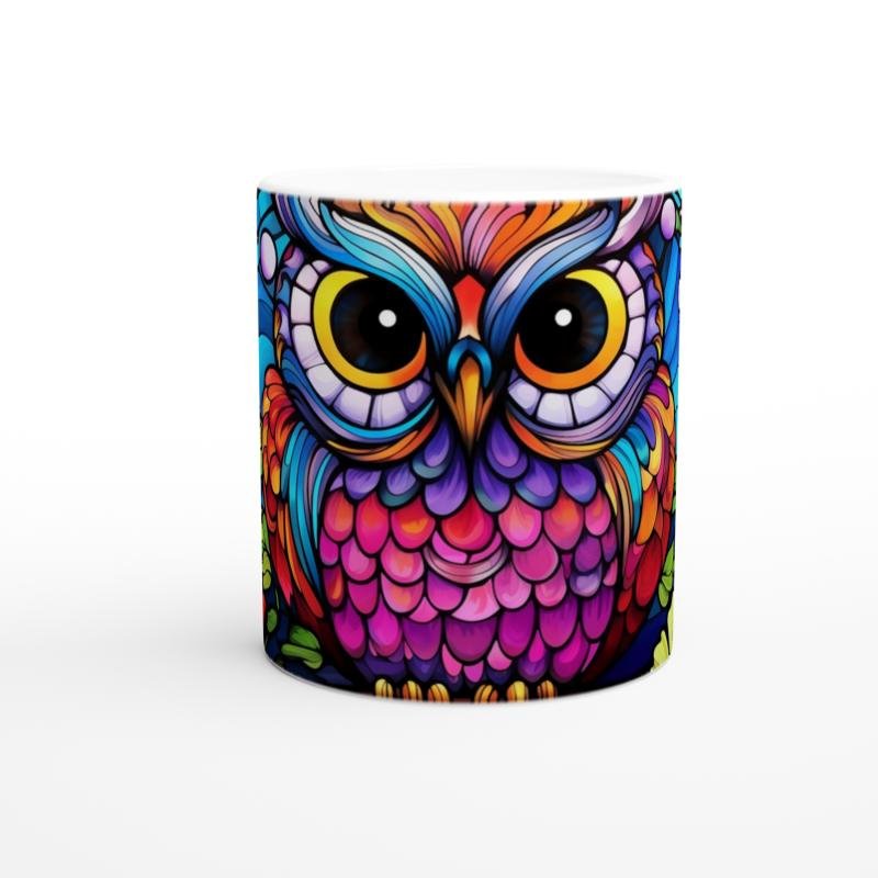 Renkli Çiçekler Arasında Vitray Baykuş Baskılı Kupa Bardak