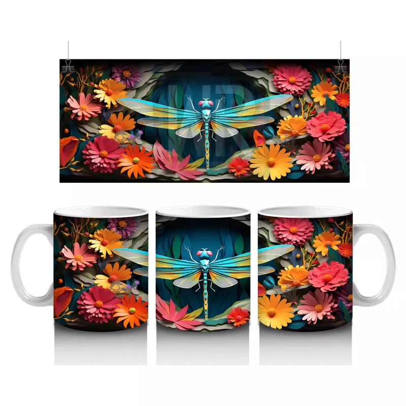 Renkli Çiçekler Arasında Yeşil Yusufçuk – Baskılı Kupa