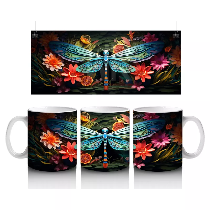 Renkli Çiçekler ve Dev Yusufçuk Armonisi – Baskılı Kahve Kupası