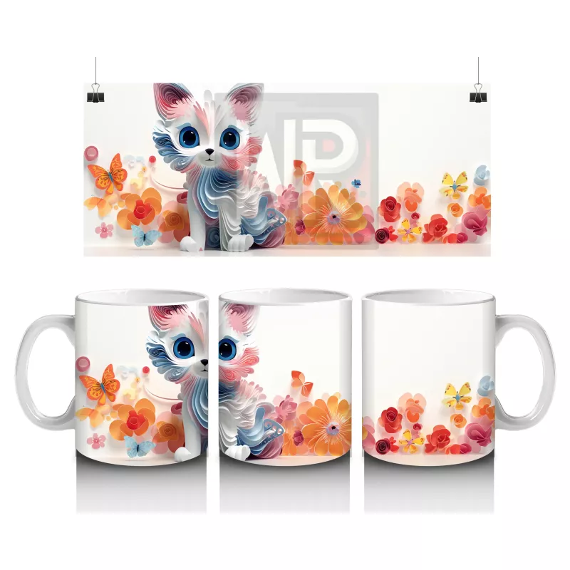 Renkli Çiçeklerle Çevrili Mavi Gözlü Sevimli Çizgi Kedi Kupa