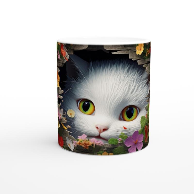 Renkli Çiçeklerle Çevrili Meraklı Kedi Baskılı Kupa Bardak