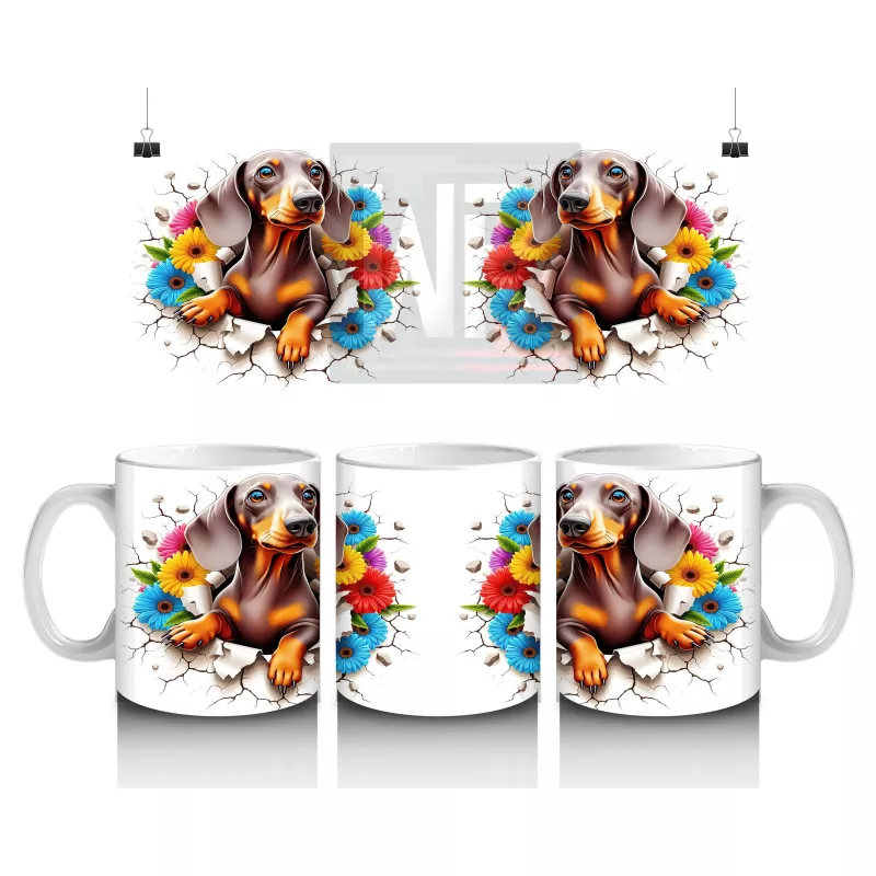 Renkli Çiçeklerle Süslenmiş Çatlak Zeminde Dachshund Köpek - Baskılı kahve kupası