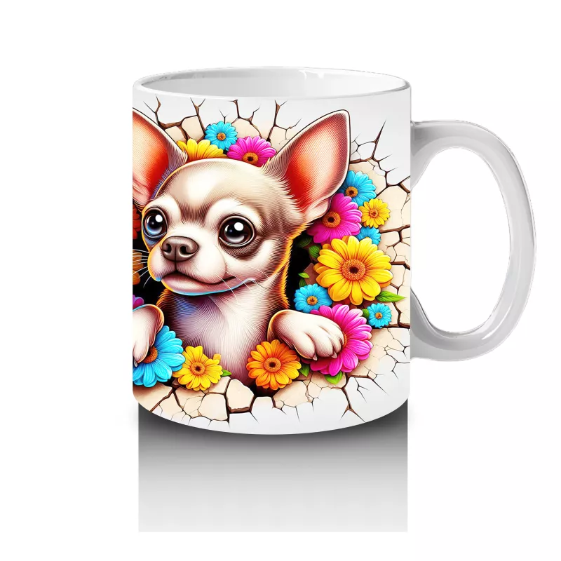 Renkli Çiçeklerle Süslenmiş Chihuahua Deseni - Baskılı kahve kupası - 4