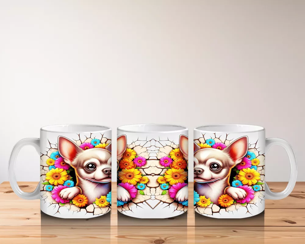 Renkli Çiçeklerle Süslenmiş Chihuahua Deseni - Baskılı kahve kupası - 5