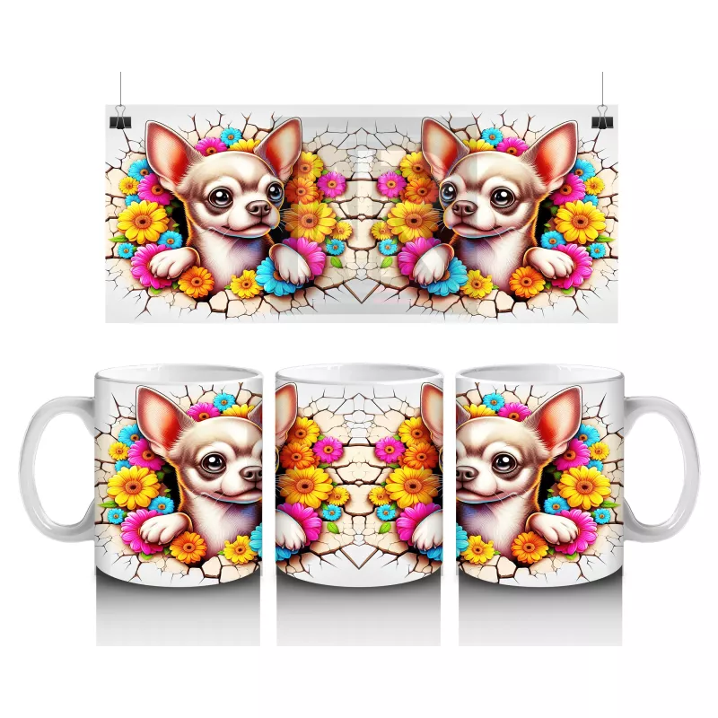 Renkli Çiçeklerle Süslenmiş Chihuahua Deseni - Baskılı kahve kupası