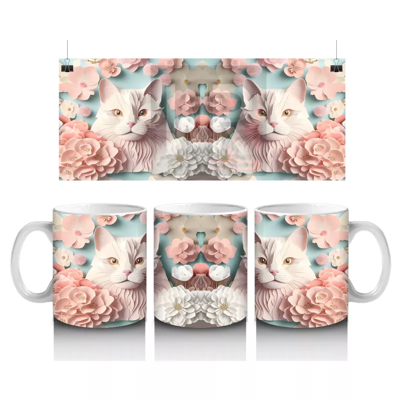 Renkli Çiçeklerle Süslenmiş Kedi Ailesi – Baskılı Kahve Kupası