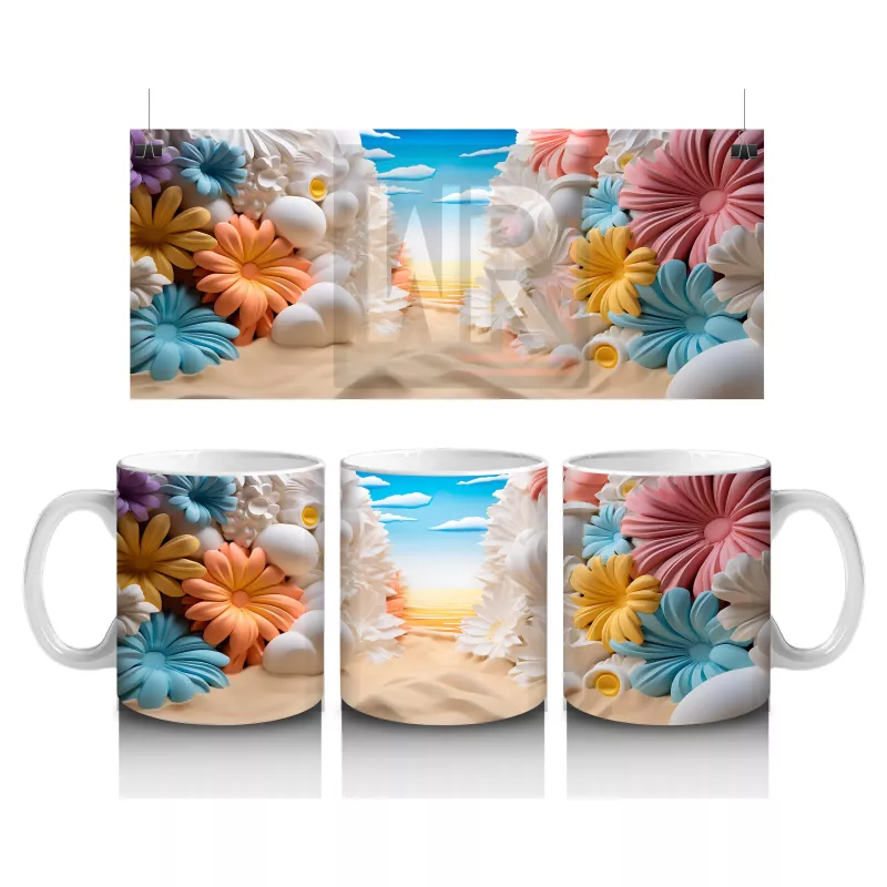 Renkli Çiçeklerle Süslenmiş Kumsal Manzarası – Baskılı Kahve Kupası