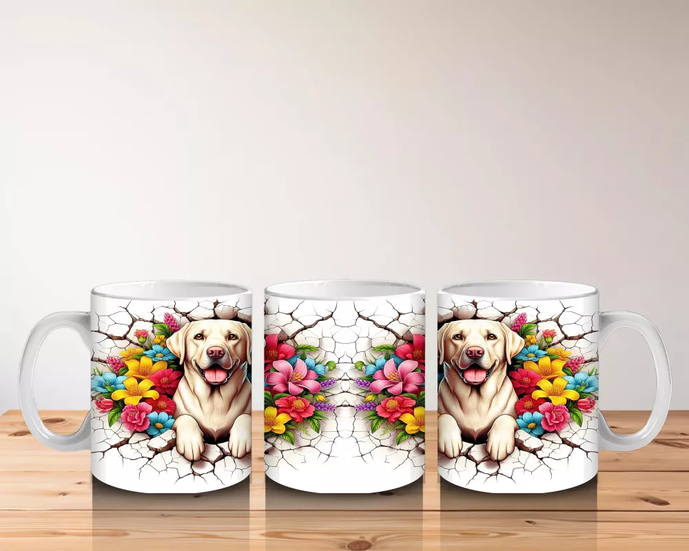 Renkli Çiçeklerle Süslenmiş Labrador Çifti Tasarımı - Baskılı kahve kupası - 5