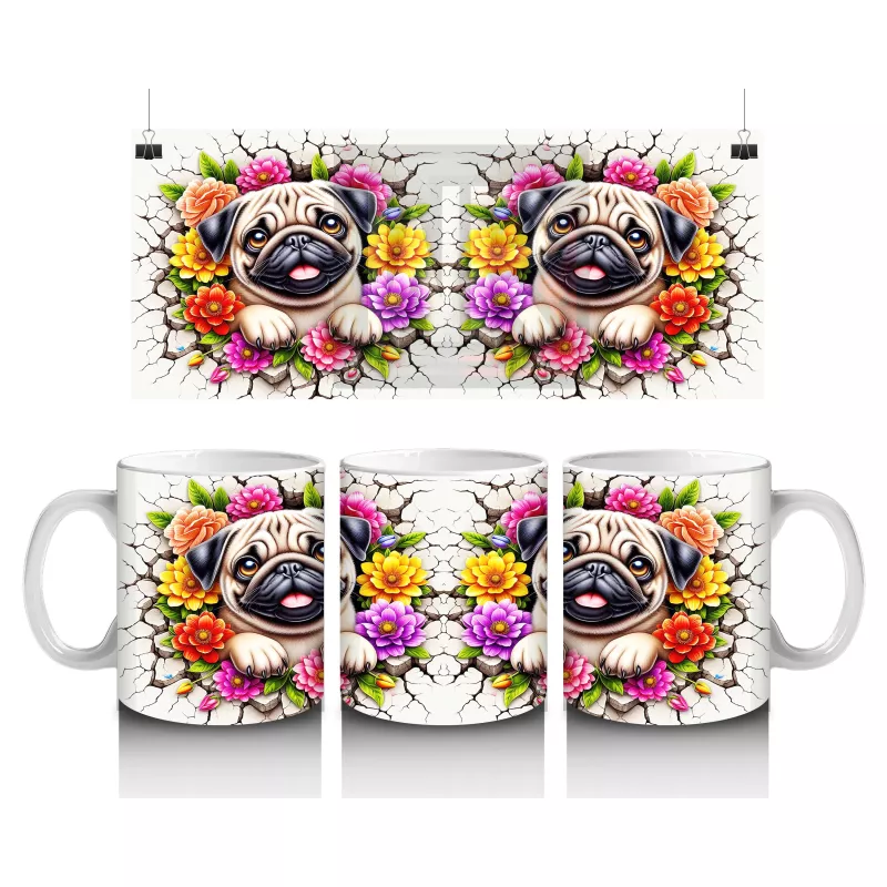 Renkli Çiçeklerle Süslenmiş Sevimli Köpekler – Baskılı Kahve Kupası
