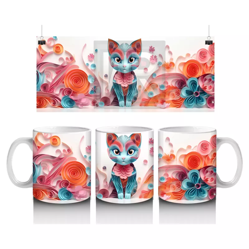 Renkli Çiçekli Desende Mavi Gözlü Kedi – Baskılı Kahve Kupası