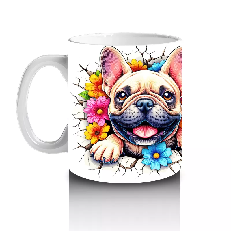 Renkli Çiçekli Fon Üzerinde Fransız Bulldog – Baskılı Kahve Kupası - 2