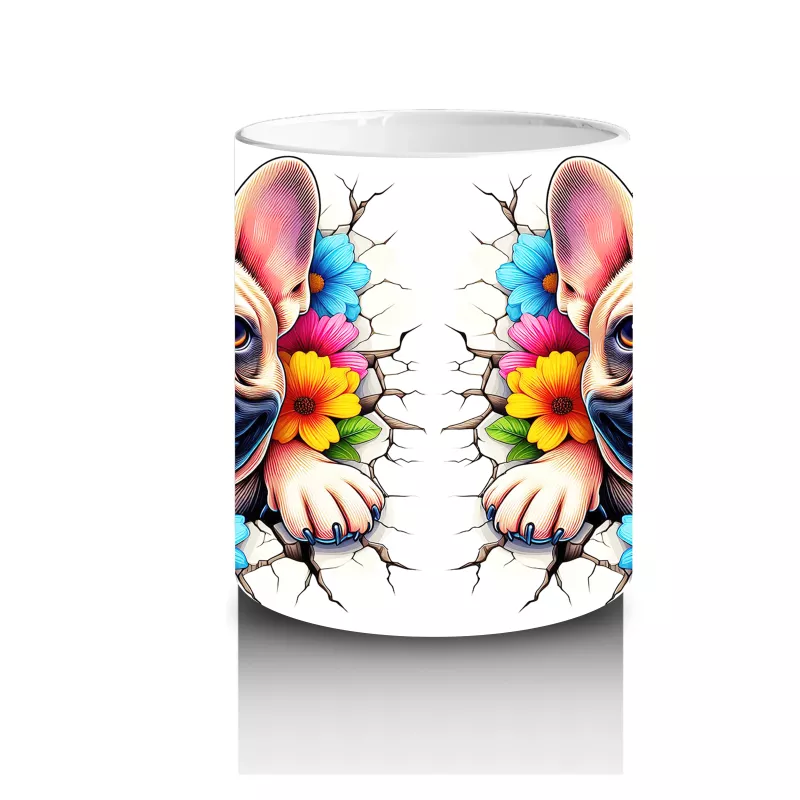 Renkli Çiçekli Fon Üzerinde Fransız Bulldog – Baskılı Kahve Kupası - 3