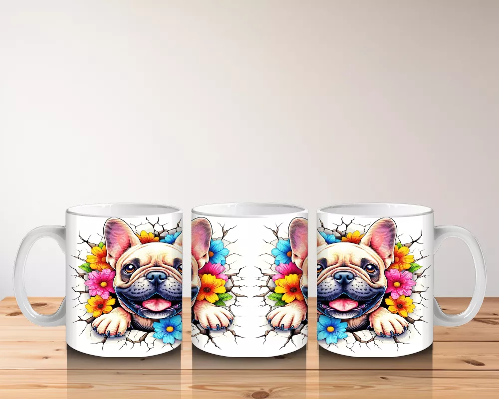 Renkli Çiçekli Fon Üzerinde Fransız Bulldog – Baskılı Kahve Kupası - 5