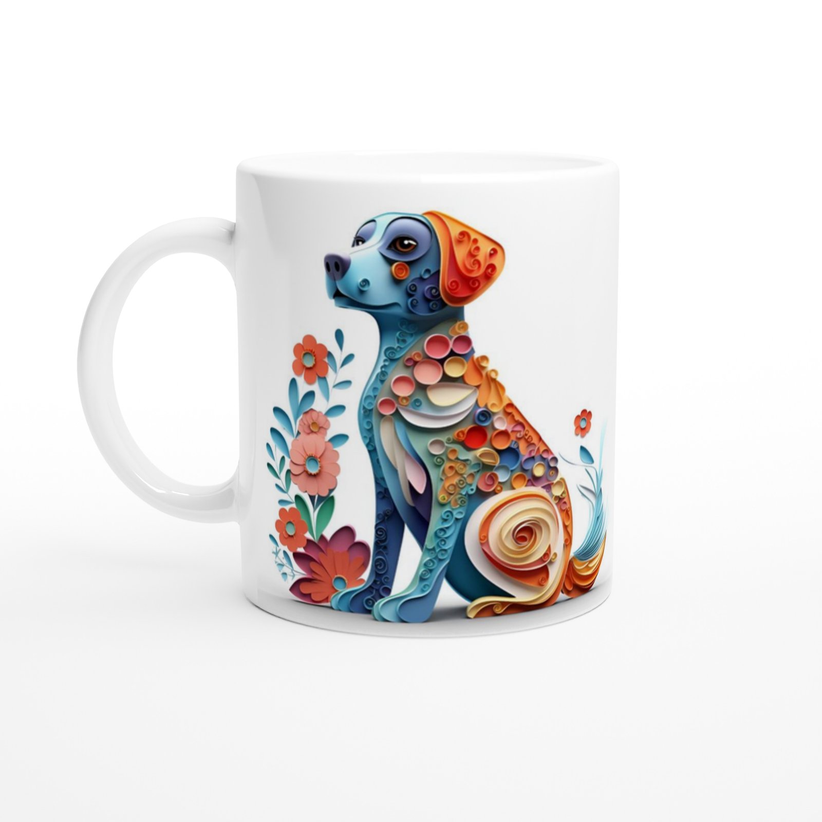 Renkli Çiçekli Zarif Köpek Tasarımlı Sanatsal Kupa Bardak