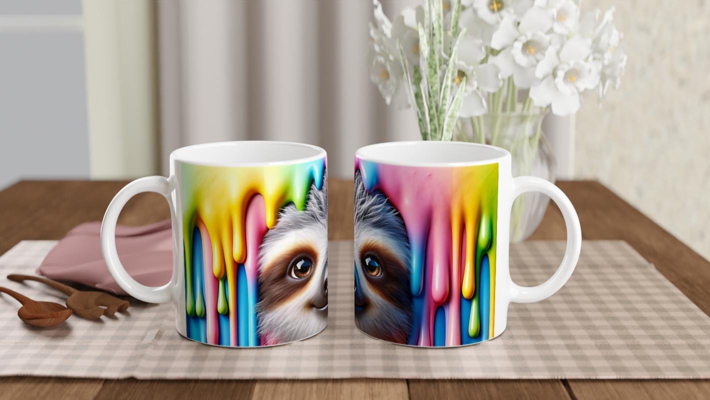 Renkli Damlalar Arasında Gülümseyen Tembel Hayvan Temalı Baskılı Kupa Bardak-2 - 5