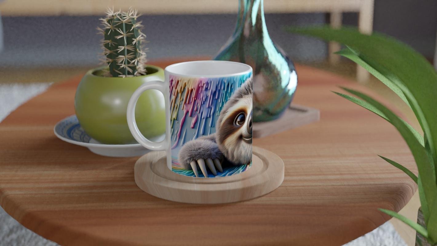 Renkli Damlalar Arasında Gülümseyen Tembel Hayvan Temalı Baskılı Kupa Bardak - 4