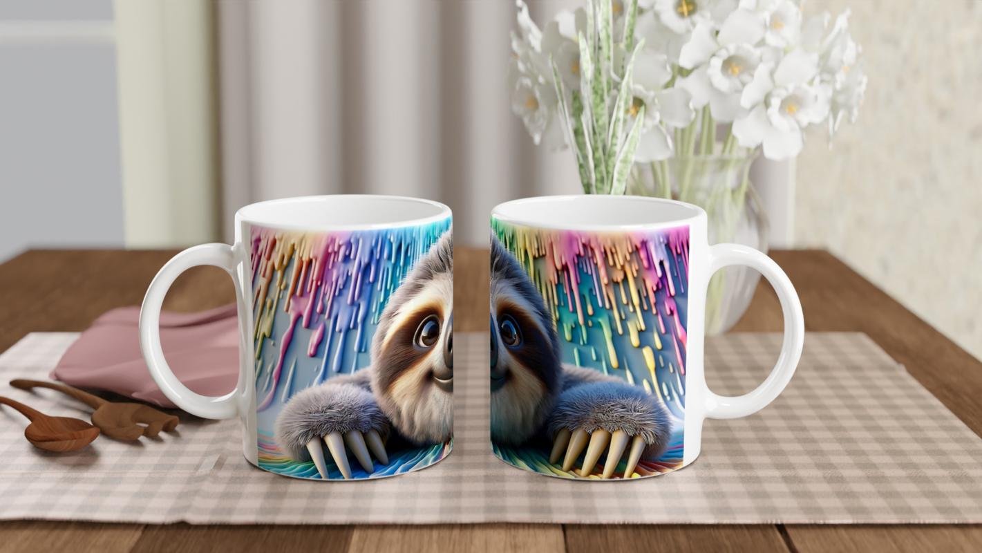 Renkli Damlalar Arasında Gülümseyen Tembel Hayvan Temalı Baskılı Kupa Bardak - 5