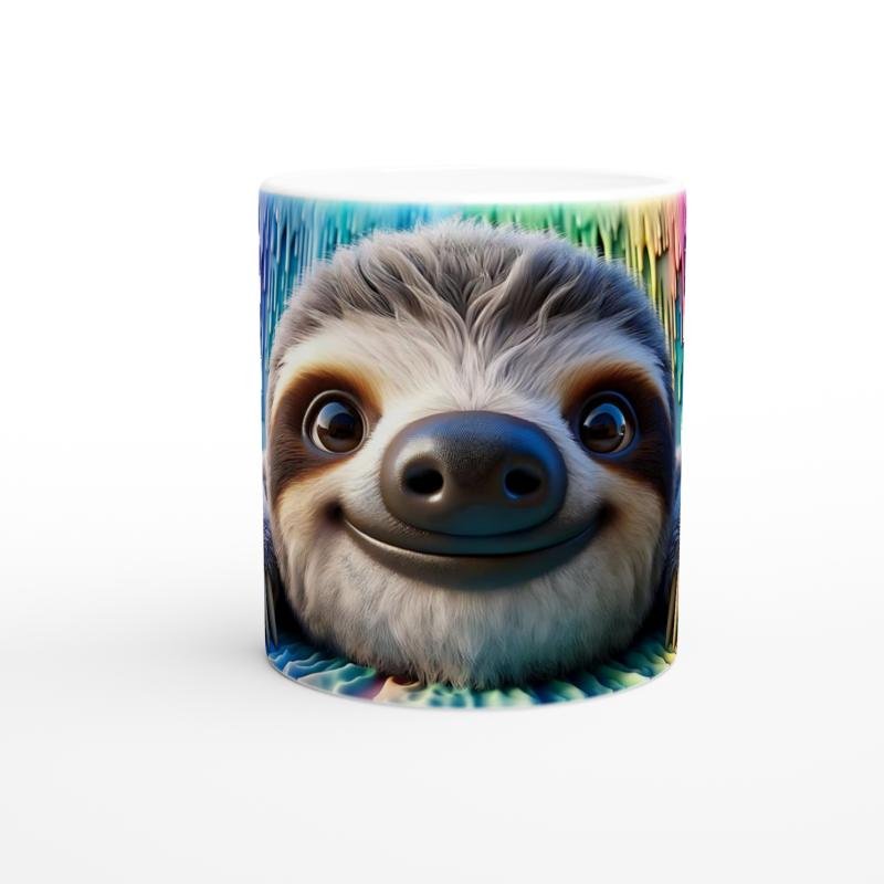 Renkli Damlalar Arasında Gülümseyen Tembel Hayvan Temalı Baskılı Kupa Bardak