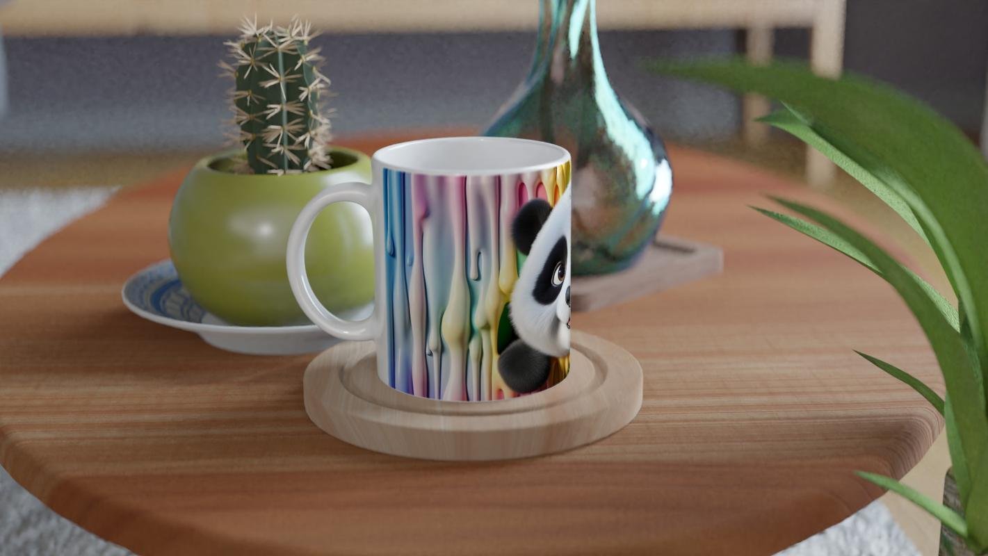 Renkli Damlaların Arasından Bakan Sevimli Panda Temalı Baskılı Kupa Bardak - 4