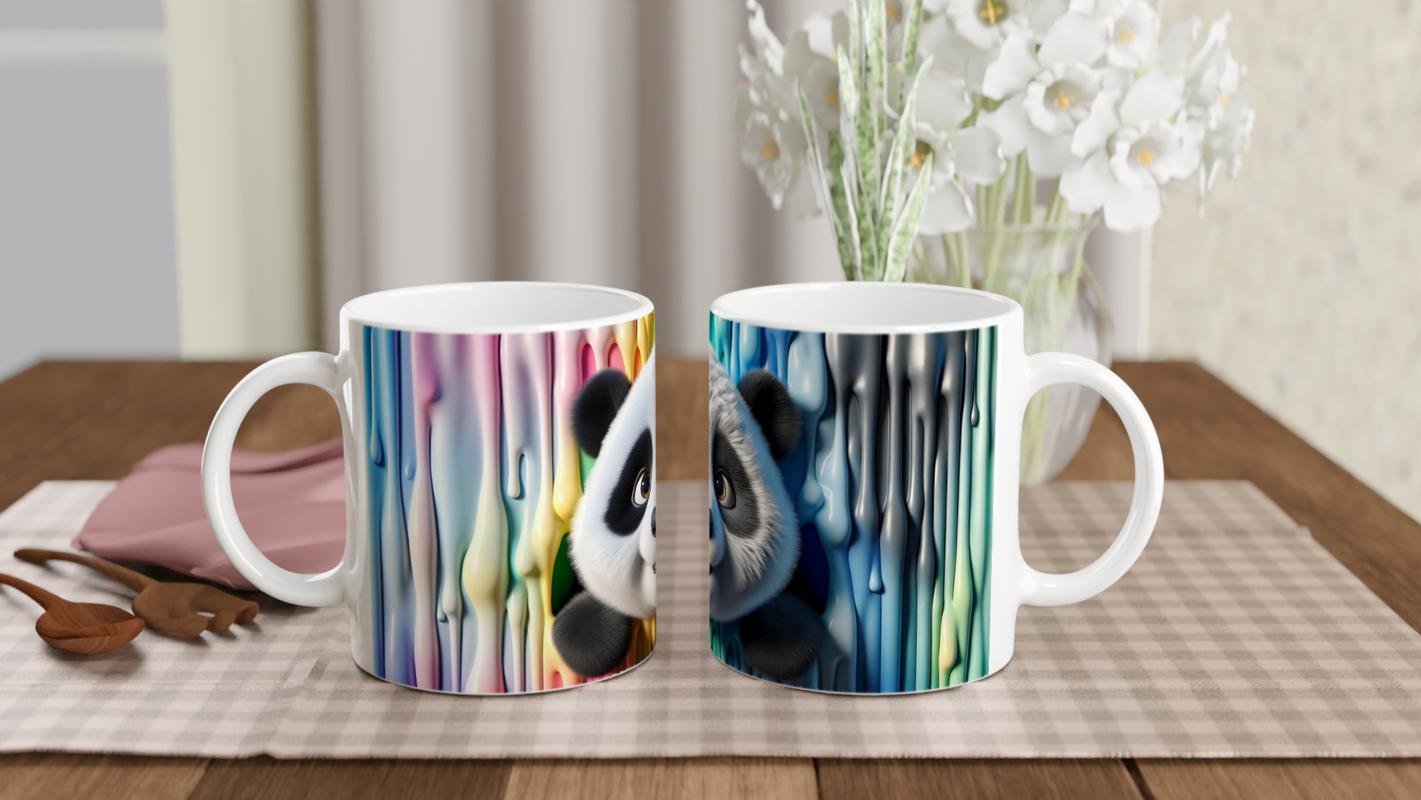 Renkli Damlaların Arasından Bakan Sevimli Panda Temalı Baskılı Kupa Bardak - 5