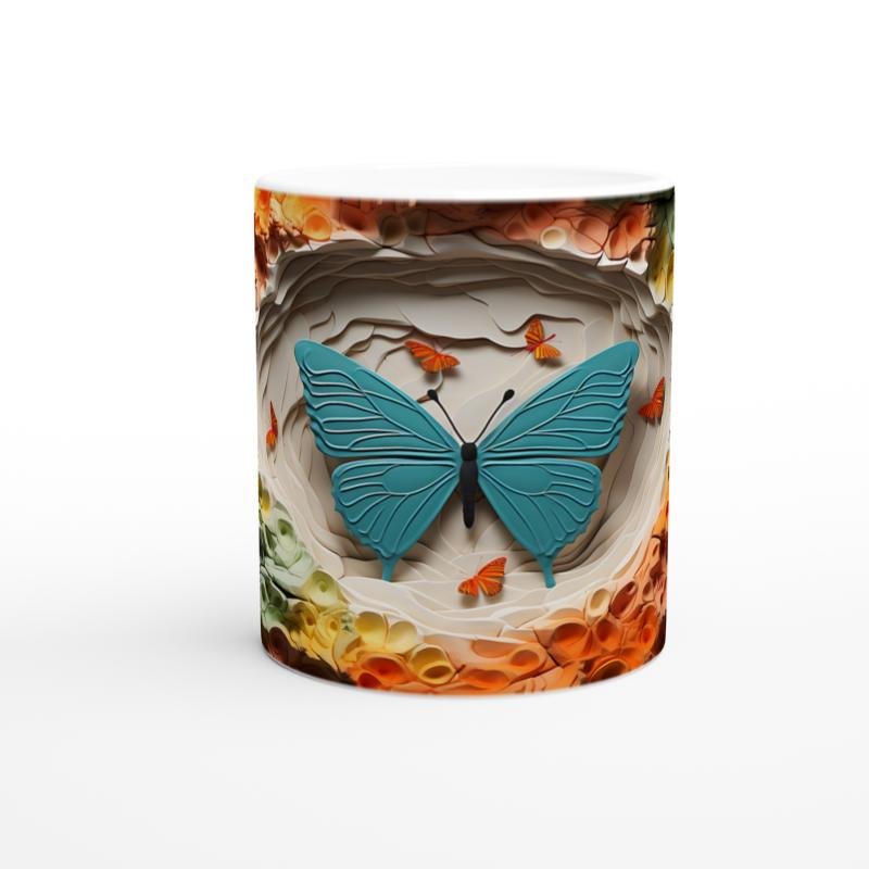 Renkli Doku Zeminli Mavi Kelebek Temalı Baskılı Kupa Bardak - 2