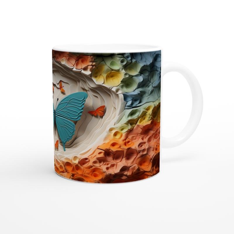 Renkli Doku Zeminli Mavi Kelebek Temalı Baskılı Kupa Bardak - 3