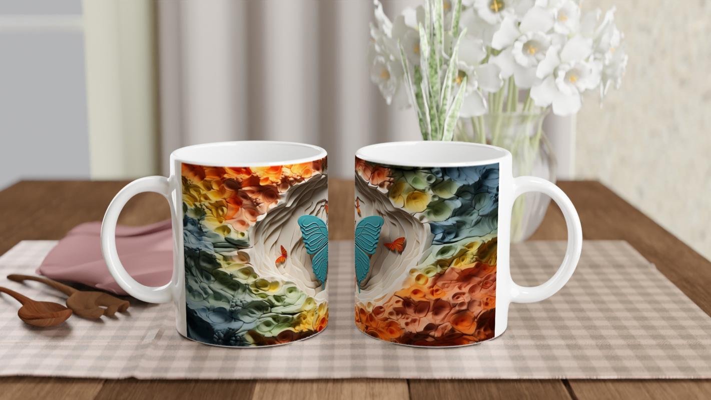 Renkli Doku Zeminli Mavi Kelebek Temalı Baskılı Kupa Bardak - 5