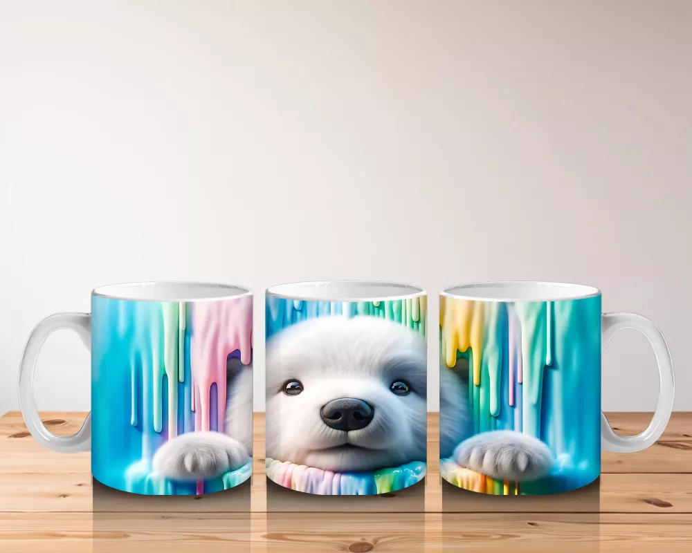 Renkli Erimiş Boyalar Arasında Yüzünü Uzatan Kutup Ayısı - Baskılı kahve kupası - 5