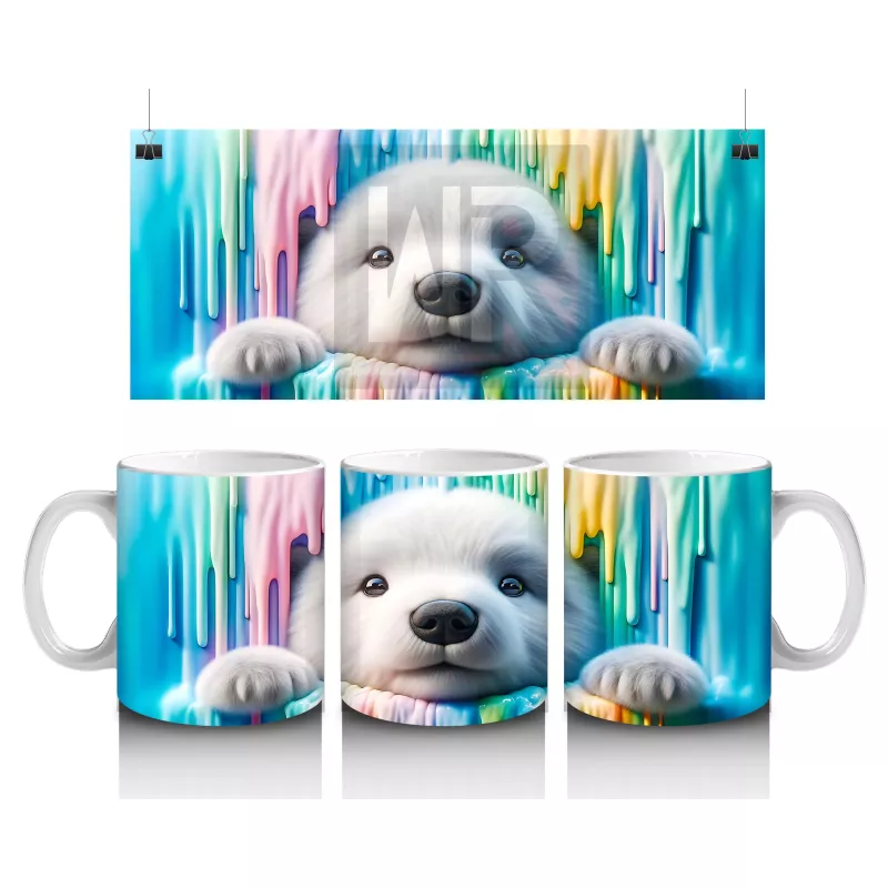 Renkli Erimiş Boyalar Arasında Yüzünü Uzatan Kutup Ayısı - Baskılı kahve kupası