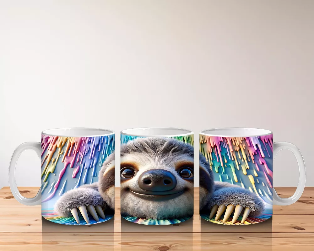 Renkli Fon Üzerinde Mutlu Tembel Hayvan – Baskılı Kahve Kupası - 5