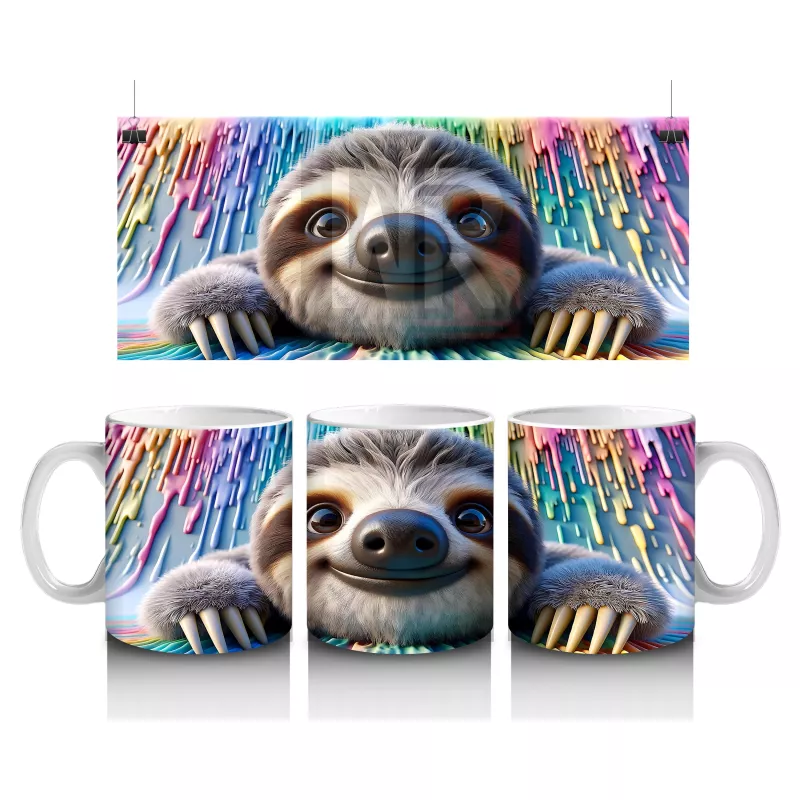 Renkli Fon Üzerinde Mutlu Tembel Hayvan – Baskılı Kahve Kupası