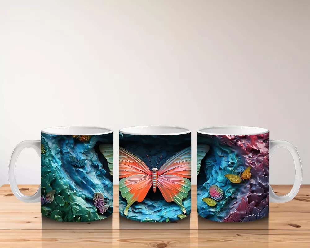 Renkli Gölge Tonlarında Pembe Kelebek – Baskılı Kahve Kupası - 5