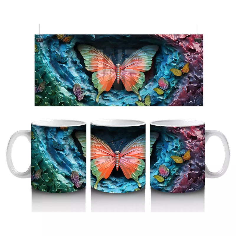 Renkli Gölge Tonlarında Pembe Kelebek – Baskılı Kahve Kupası