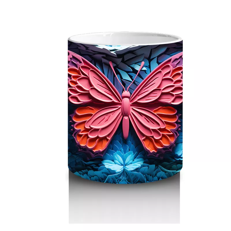 Renkli Kabartmalı Zemin Üzerinde Pembe Kelebek – Baskılı Kahve Kupası - 3