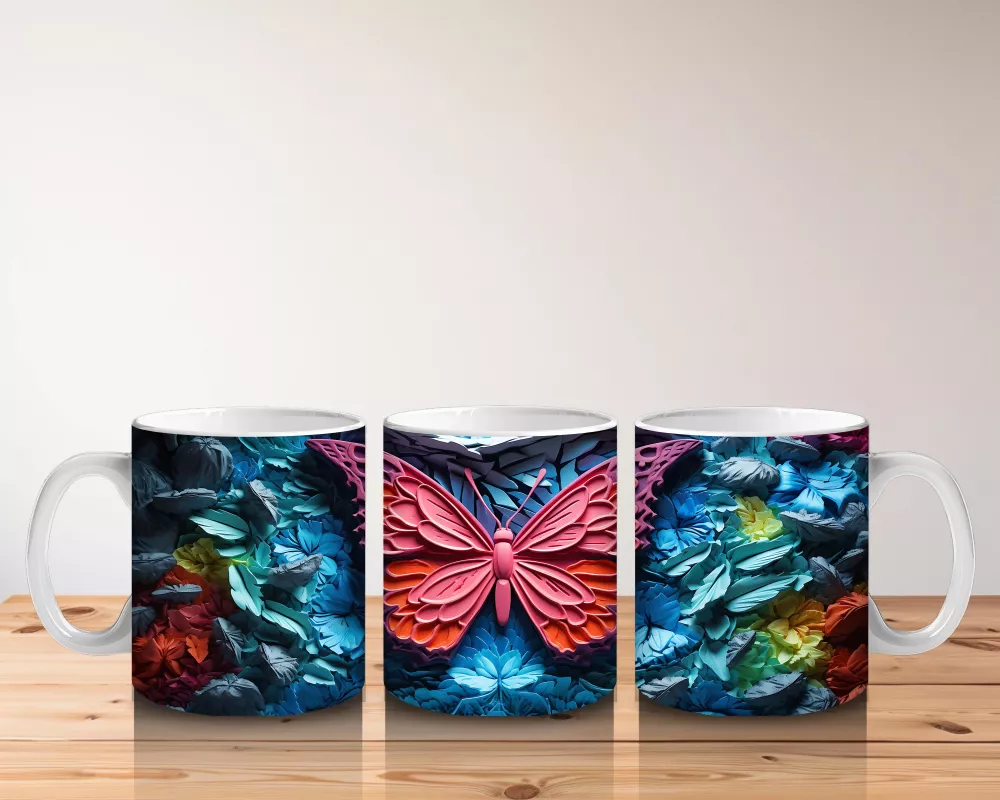 Renkli Kabartmalı Zemin Üzerinde Pembe Kelebek – Baskılı Kahve Kupası - 5